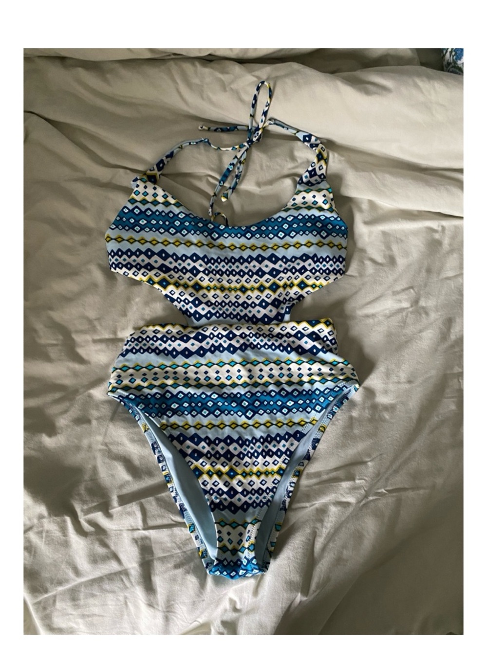 Aerie Blue & White Geometric Cutout One-Piece Swimsuit